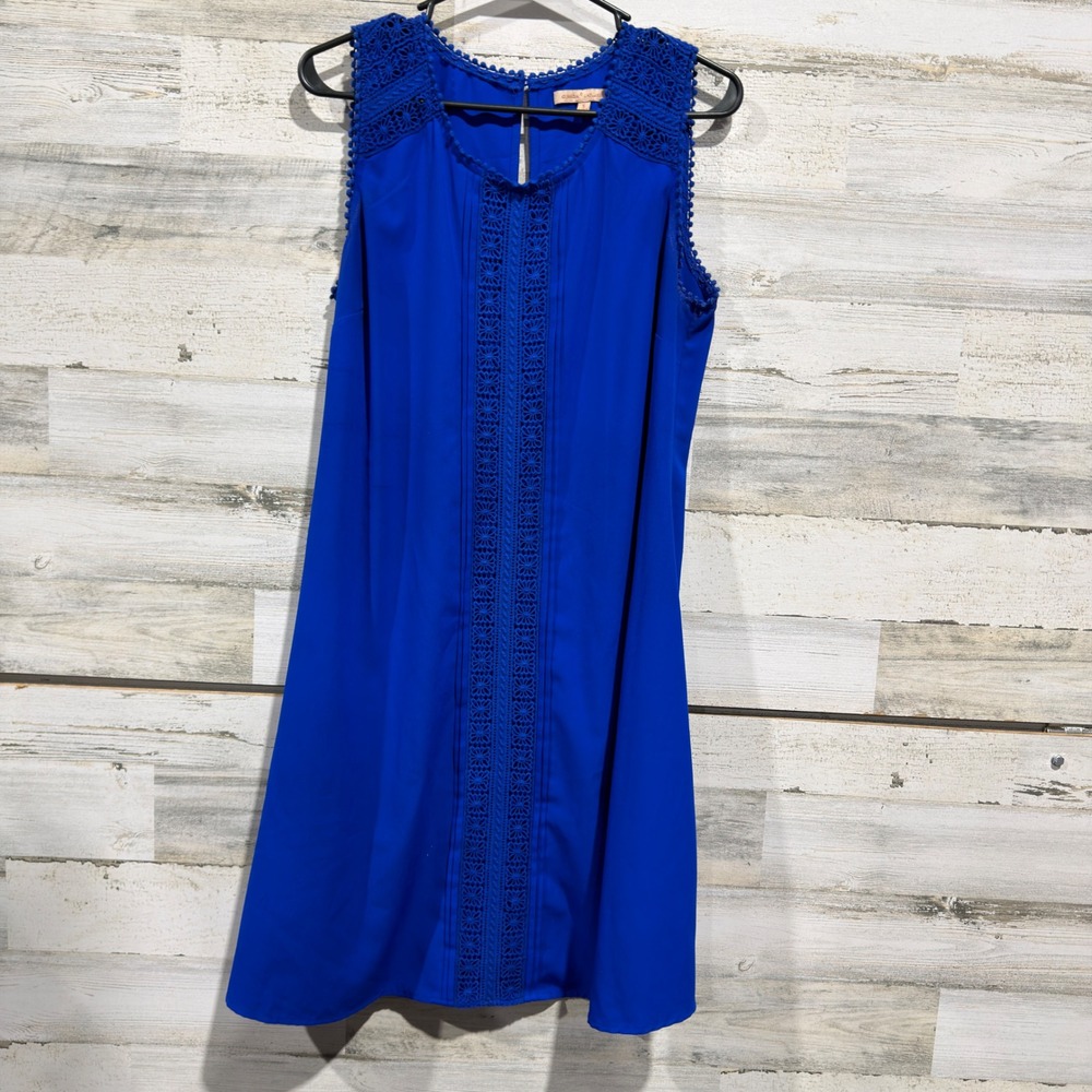 Gibson Latimer Shift Dress Women S Blue Crochet Pom Pom Boho GUC*